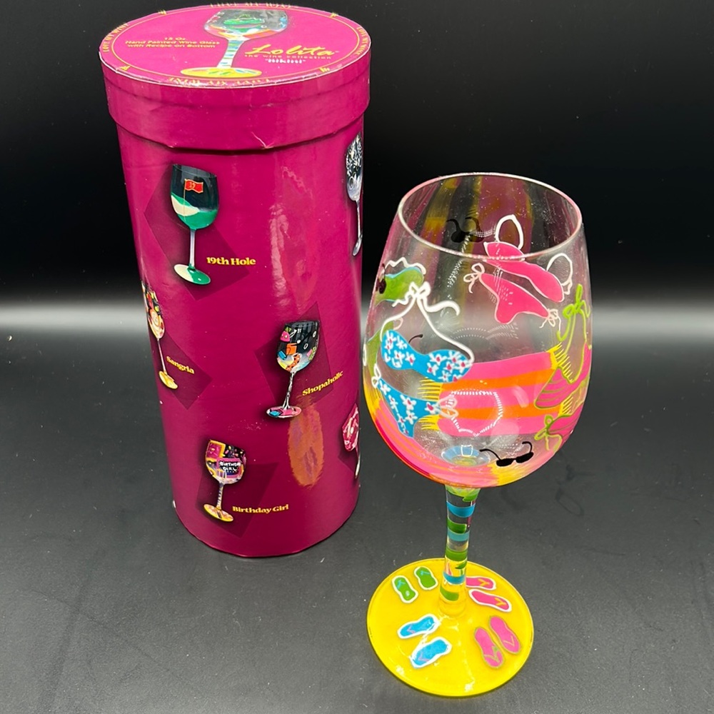 Lolita Love my Wine Hand-painted 15oz Wine Glass with recipe on bottom. Bikini